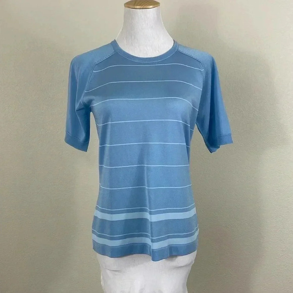 Vintage Montagut Paris blue striped polyamide t-shirt size small - Picture 1 of 6